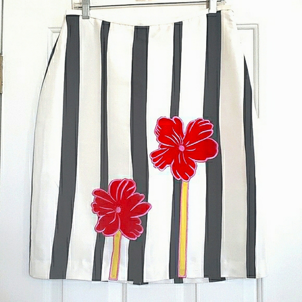 Vintage Upcycled Silk Pencil Skirt Striped Floral Appliqué Black Red | Size 12 - Picture 3 of 10